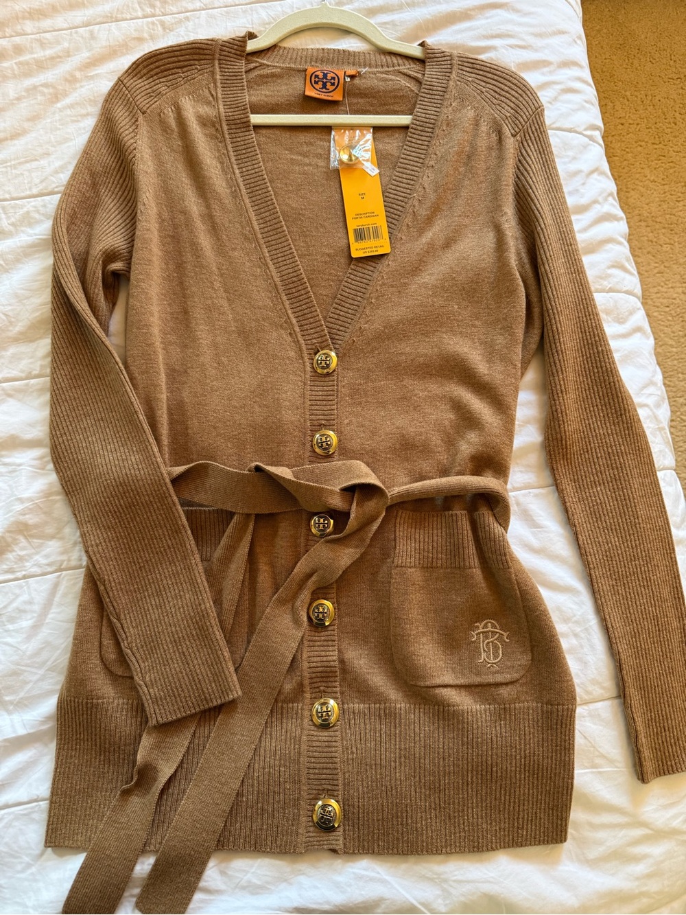 Tory Burch Camel Knit Belted V‑Neck Cardigan